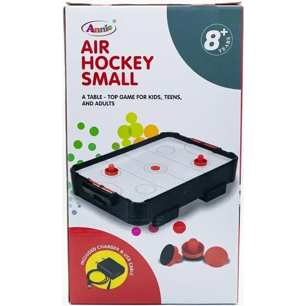 Annie Air Hockey Small table-top game retail box showing the table, strikers and puck