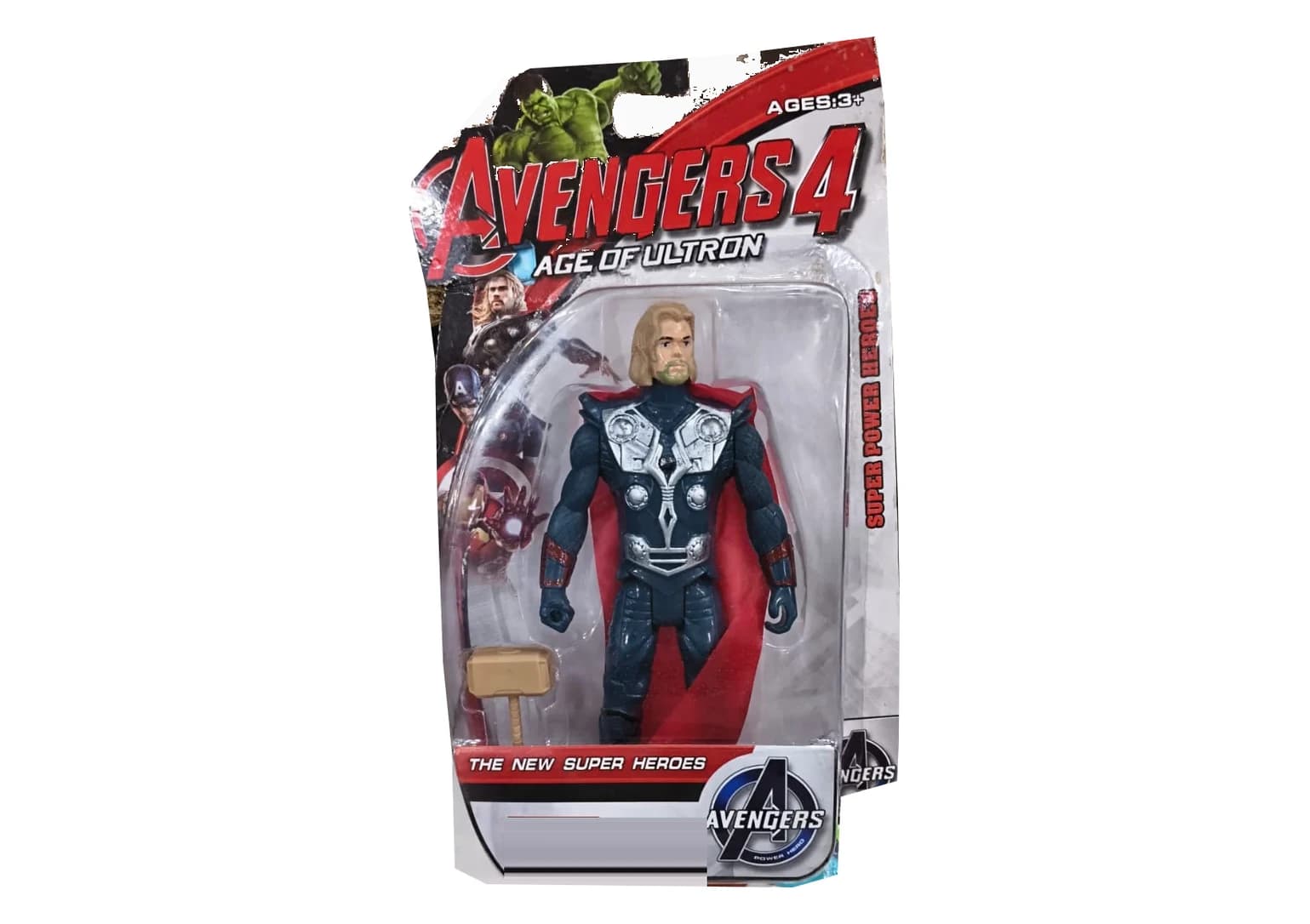 Avengers 4 Age of Ultron Thor action figure with hammer on a display card