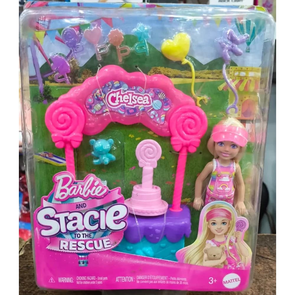 Barbie and Stacie to the Rescue Chelsea doll playset in retail packaging with lollipop stand, balloons and teddy bear