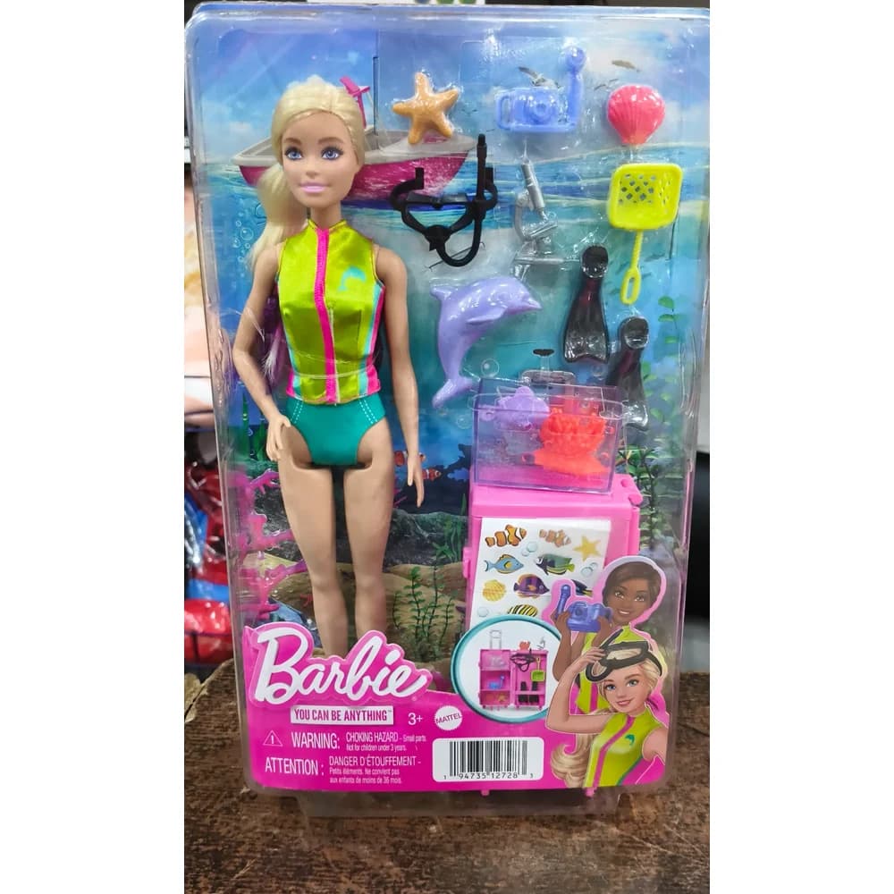 Barbie You Can Be Anything marine biologist doll with dolphin, snorkel and sea-life accessories in retail packaging