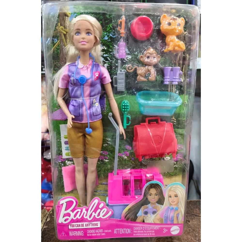 Barbie You Can Be Anything wildlife rescue doll with tiger cub, monkey and accessories in retail packaging