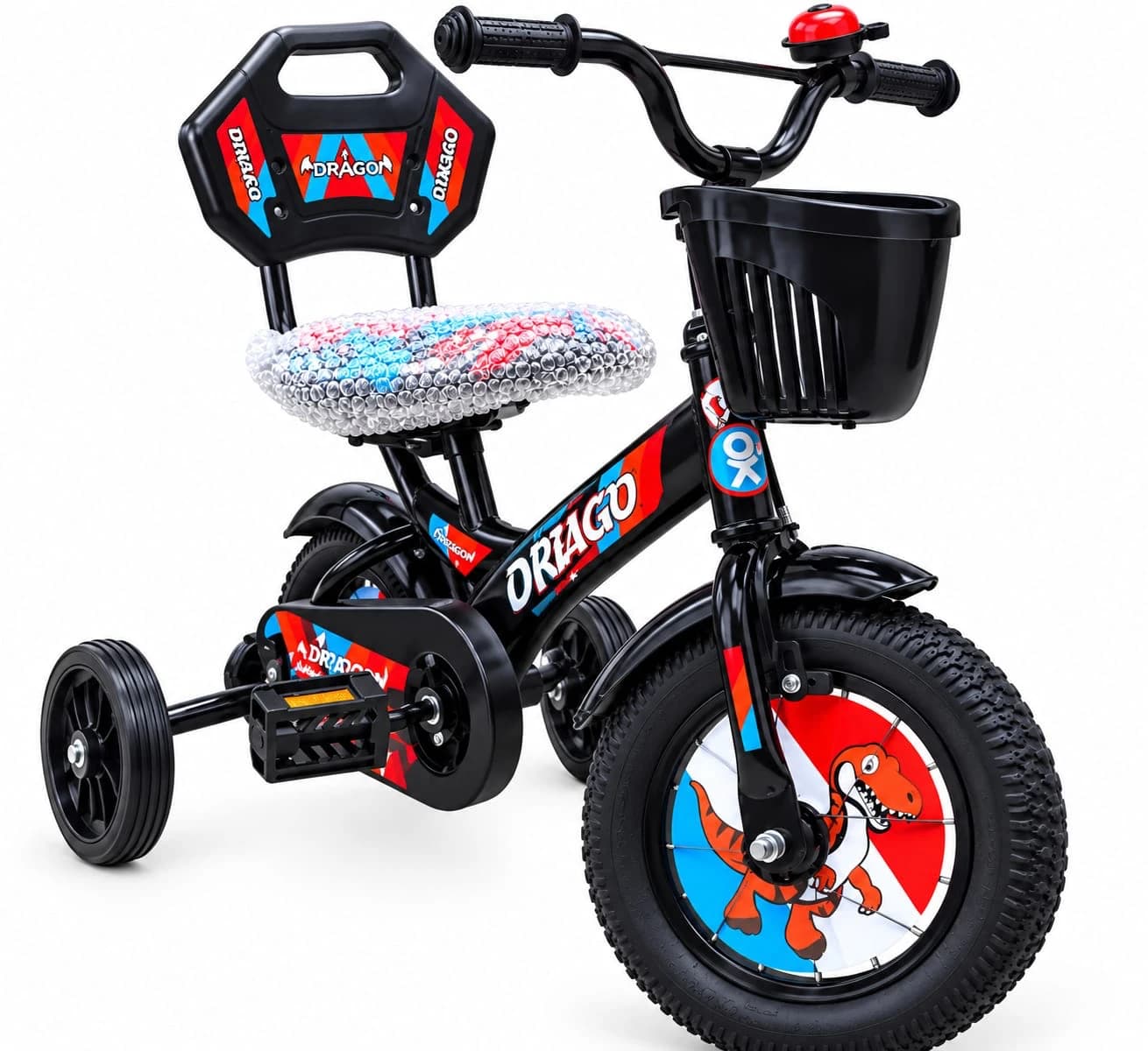 Black Drago dinosaur kids cycle with back rest, basket, bell and training wheels