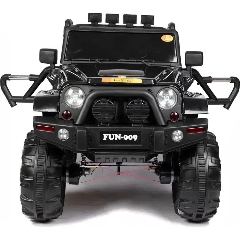 Black off-road kids ride-on Jeep with rugged tyres and roof lights