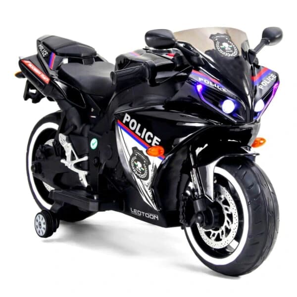 Black police themed kids ride-on sports bike with training wheels