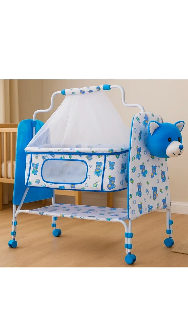 Blue bear print baby cradle with net canopy, side bear head and four wheels