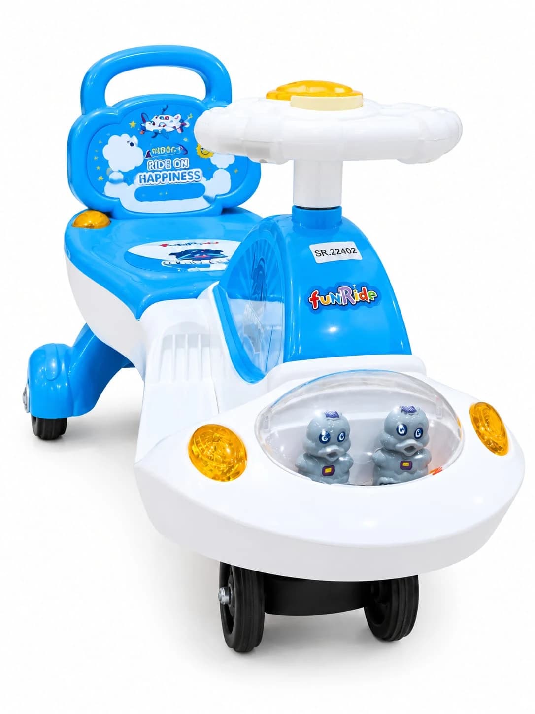 Blue and white FunRide magic swing car with duck dome and steering wheel