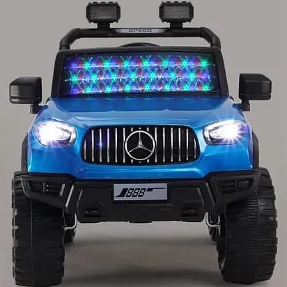 Blue G-Wagon kids ride-on with rugged tyres and colourful LED-style windscreen lights