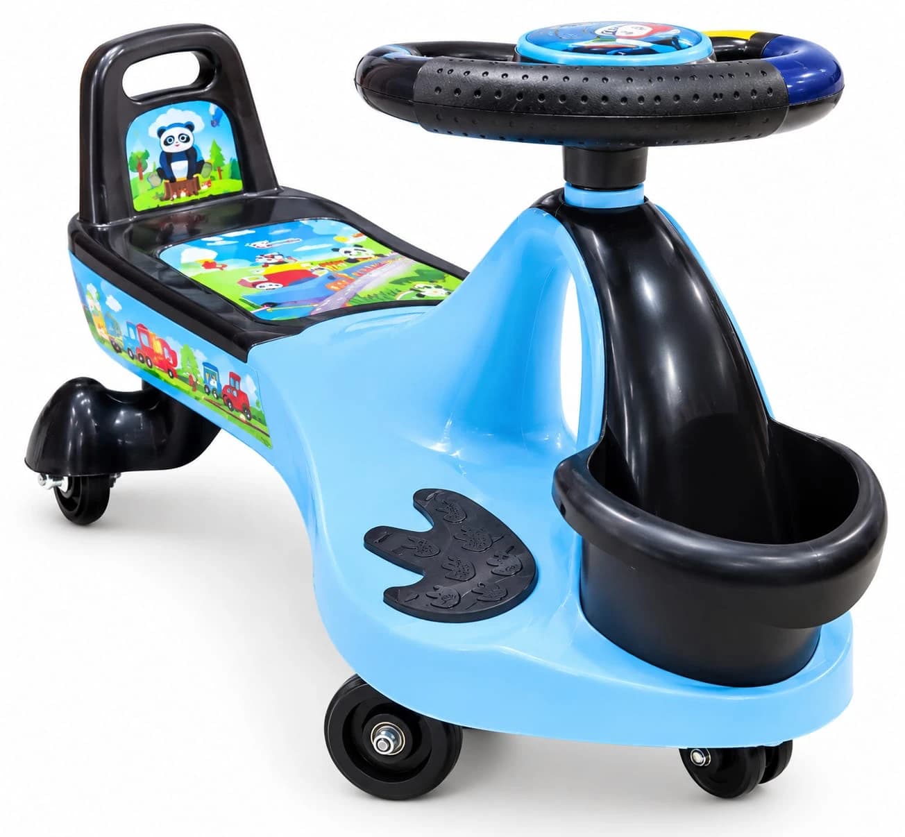 Blue panda magic swing car for kids with steering wheel and front basket