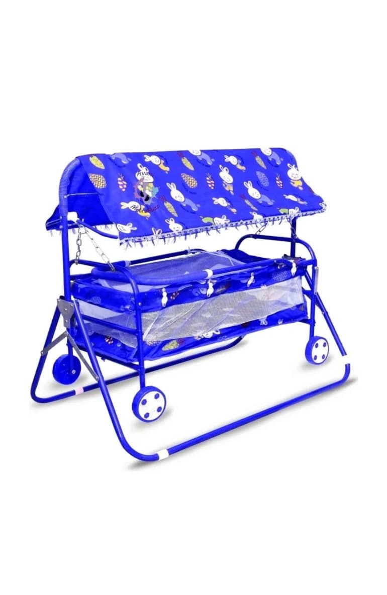 Blue rabbit print baby cradle with canopy, net sides and wheels