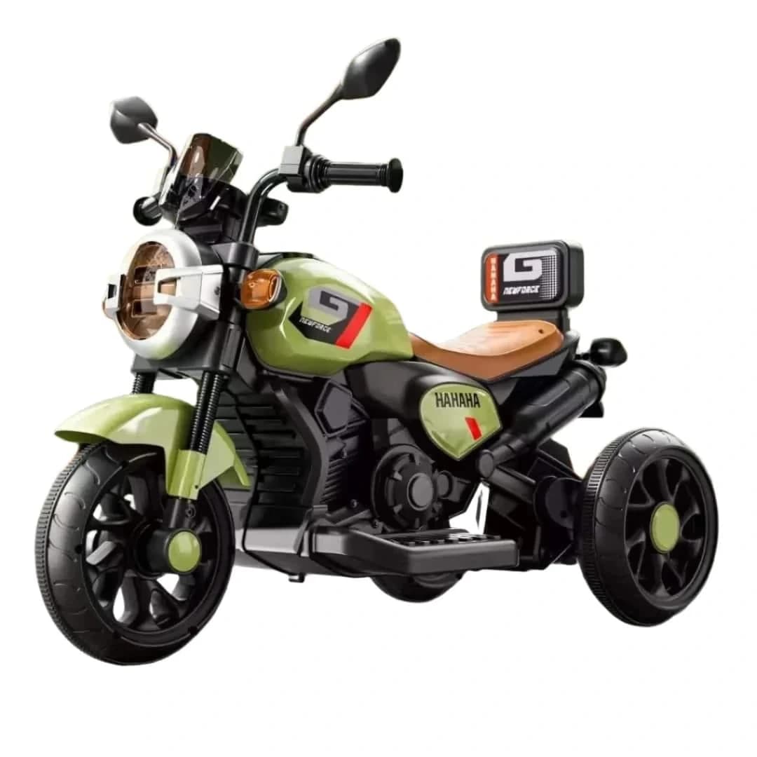 Green kids ride-on trike motorbike with tan seat and round headlight