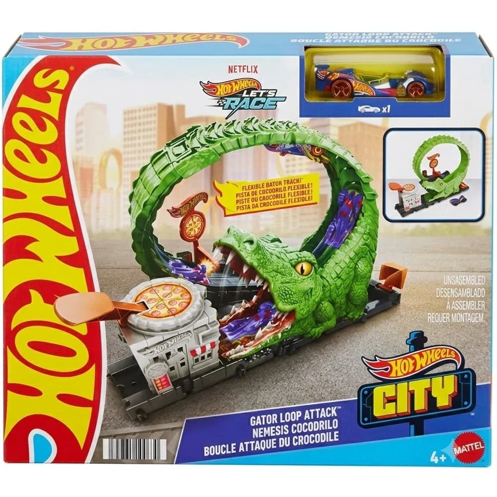 Hot Wheels City Gator Loop Attack track set in retail box showing the green gator loop and one car