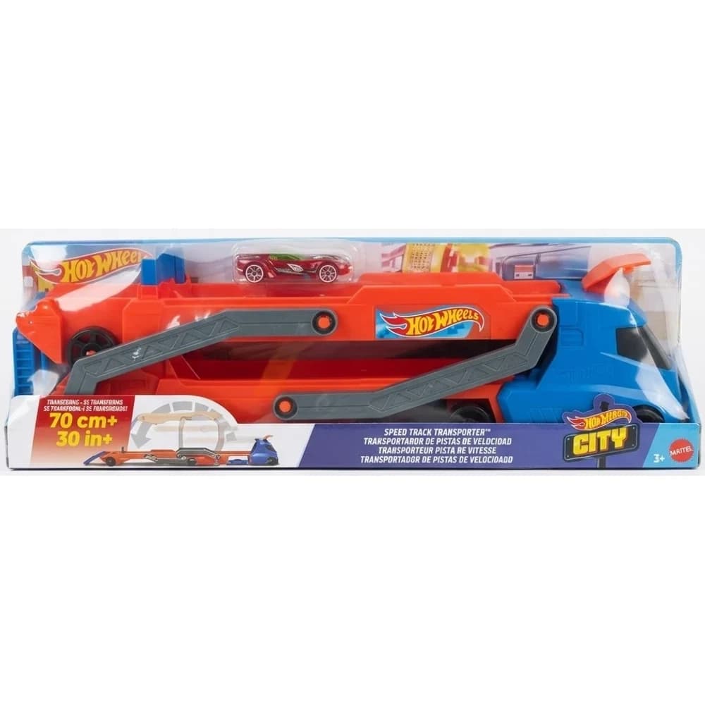 Hot Wheels City Speed Track Transporter in retail box showing the orange and blue transporter truck and one car