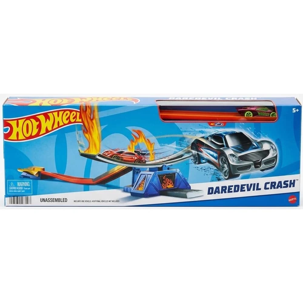 Hot Wheels Daredevil Crash track set in retail box showing the stunt ramp and one car