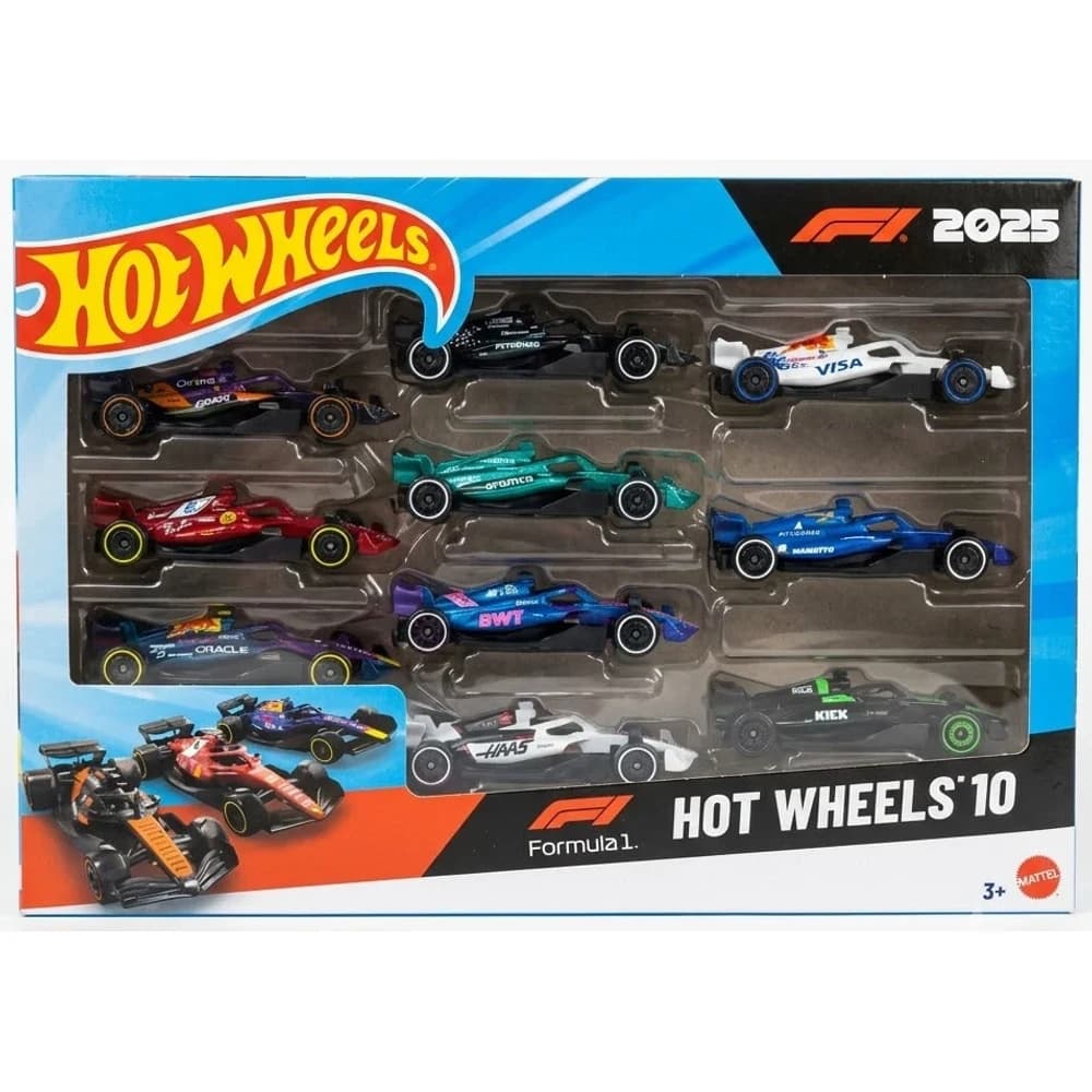 Hot Wheels F1 2025 pack of 10 Formula 1 toy cars in retail box