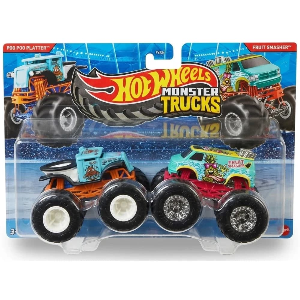 Hot Wheels Monster Trucks 2-pack with Poo Poo Platter and Fruit Smasher in retail packaging
