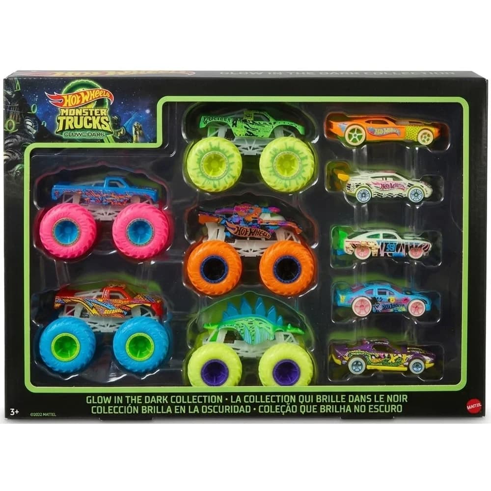 Hot Wheels Monster Trucks Glow in the Dark Collection set with 5 monster trucks and 5 cars in box