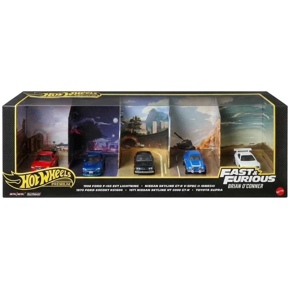 Hot Wheels Premium Fast and Furious Brian O'Conner set of five cars in display box with scene backdrops