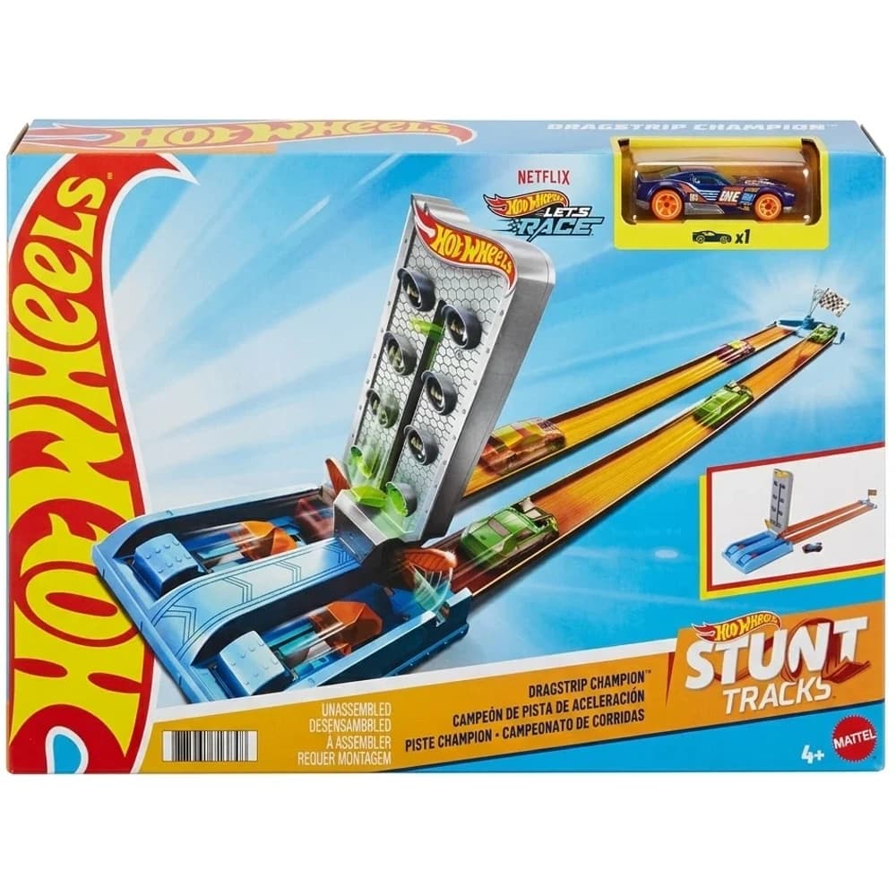 Hot Wheels Stunt Tracks Dragstrip Champion set in retail box showing the twin-lane track and one car