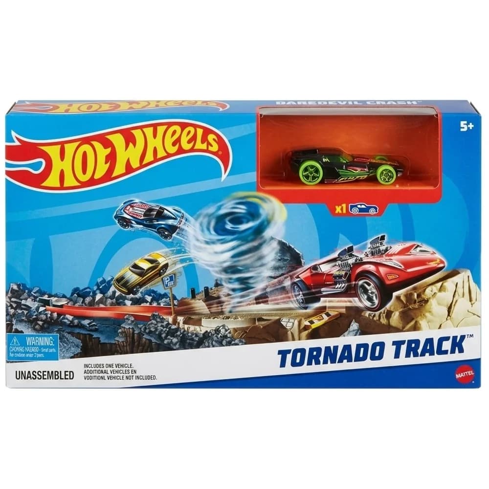Hot Wheels Tornado Track set in retail box showing the tornado stunt scene and one car