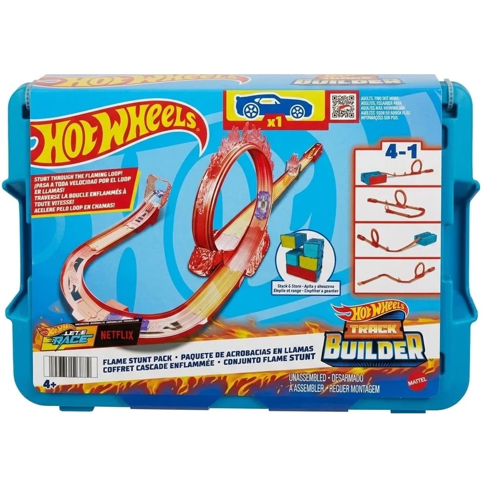 Hot Wheels Track Builder Flame Stunt Pack in blue storage case box showing the flaming loop track
