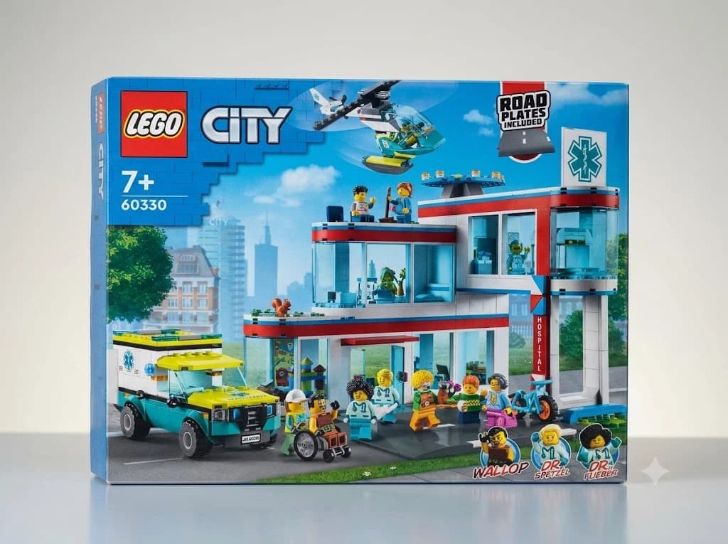 LEGO City Hospital 60330 box, road plates included, ages 7 plus
