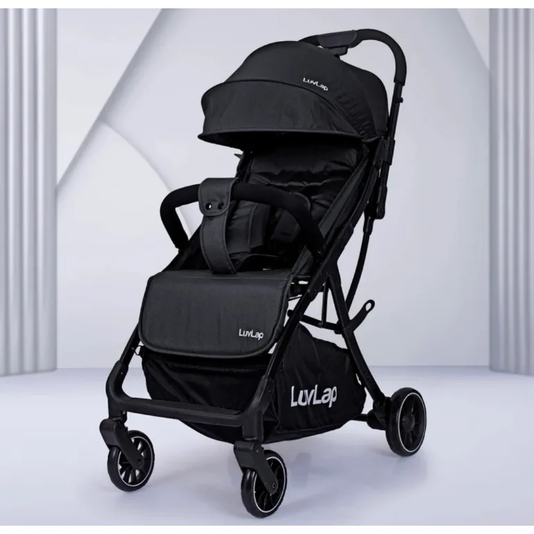 Black LuvLap baby stroller with canopy, safety bar and storage basket