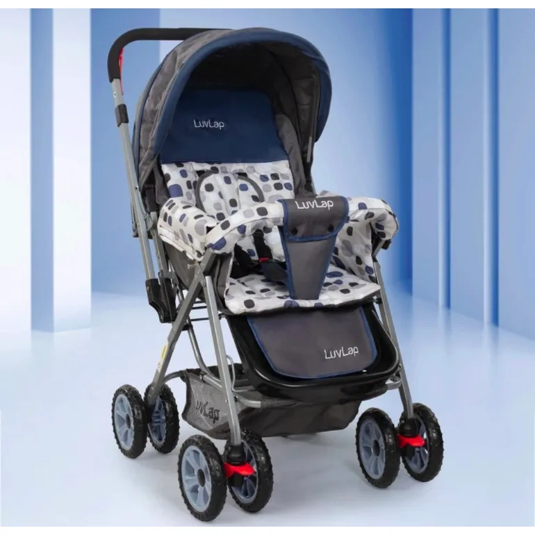 LuvLap blue and white baby stroller with canopy and storage basket