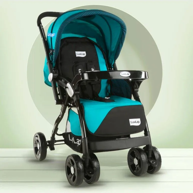 LuvLap blue and black baby stroller with canopy and front tray