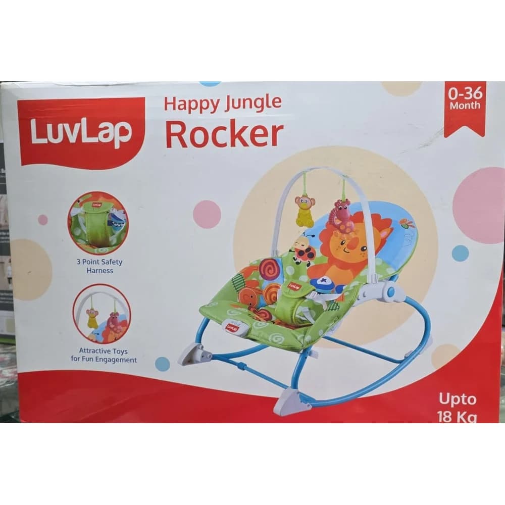 LuvLap Happy Jungle baby rocker retail box showing the green jungle-print seat and hanging toys