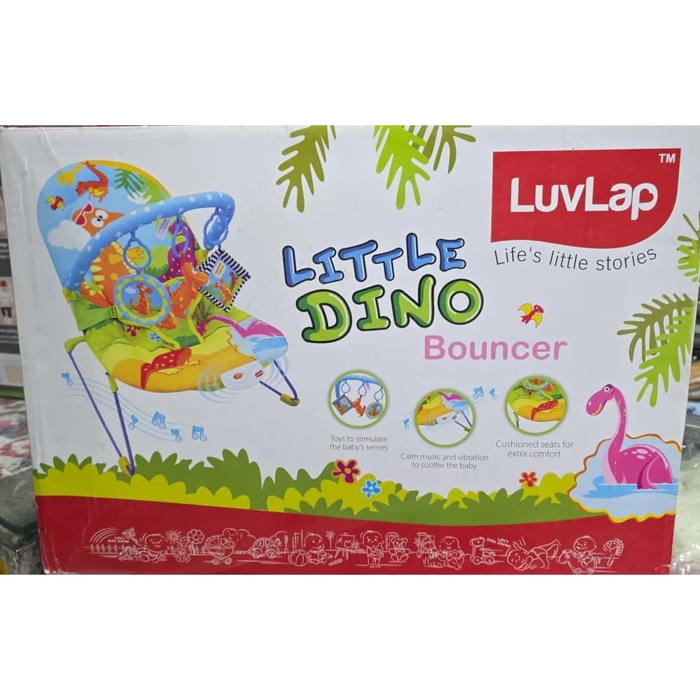 LuvLap Little Dino baby bouncer retail box showing the dinosaur-print seat and toy arch
