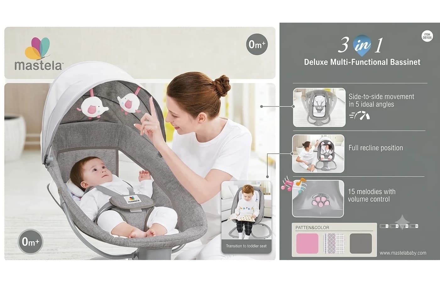 Mastela 3-in-1 Deluxe Multi-Functional Bassinet features: 5 angle movement, full recline and 15 melodies