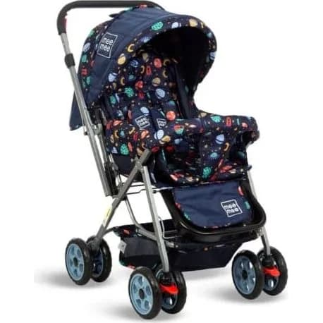 Mee Mee dark blue printed baby stroller with canopy and storage basket