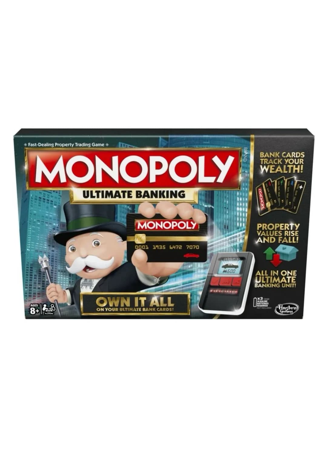 Monopoly Ultimate Banking board game box with bank cards and banking unit