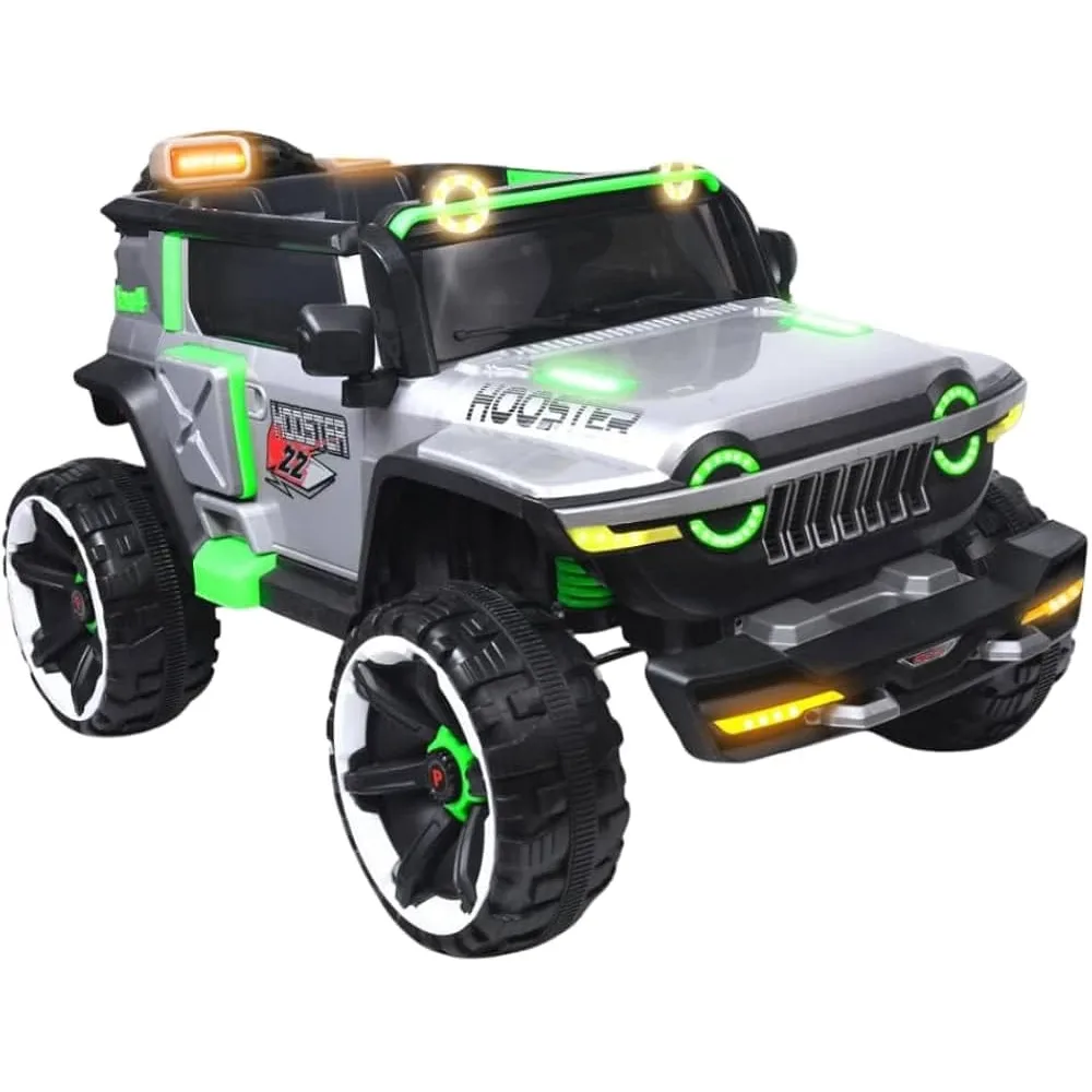 White and green Monster kids ride-on Jeep with rugged tyres and LED-style lights