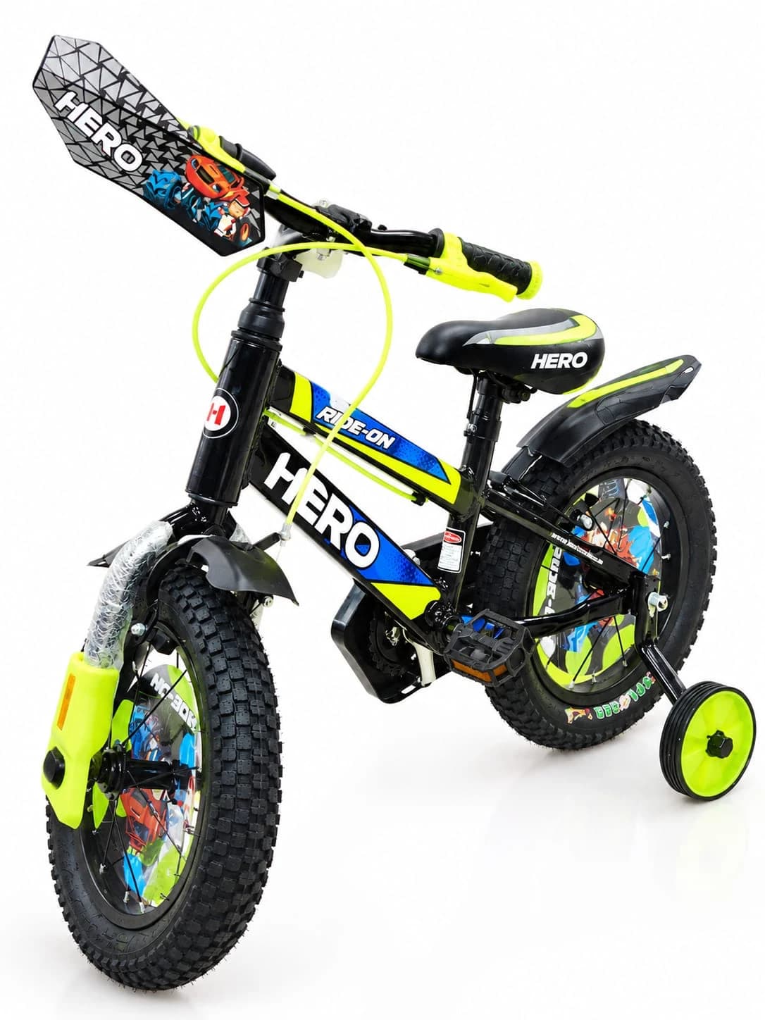 Black and neon green Hero kids cycle with handlebar shield and training wheels