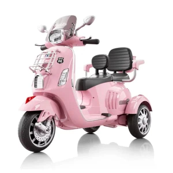 Pink two-seater kids ride-on scooter with front rack and windscreen
