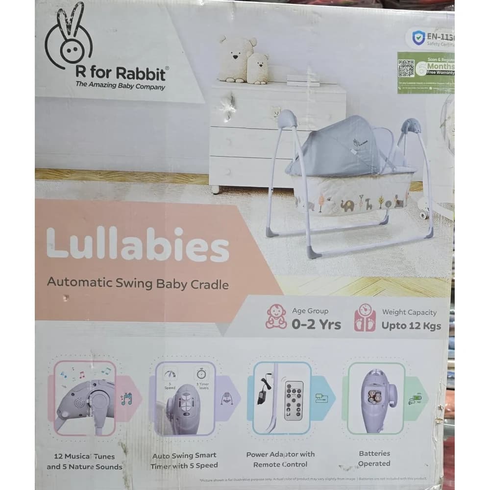 R for Rabbit Lullabies automatic swing baby cradle retail box with canopy cradle and feature icons
