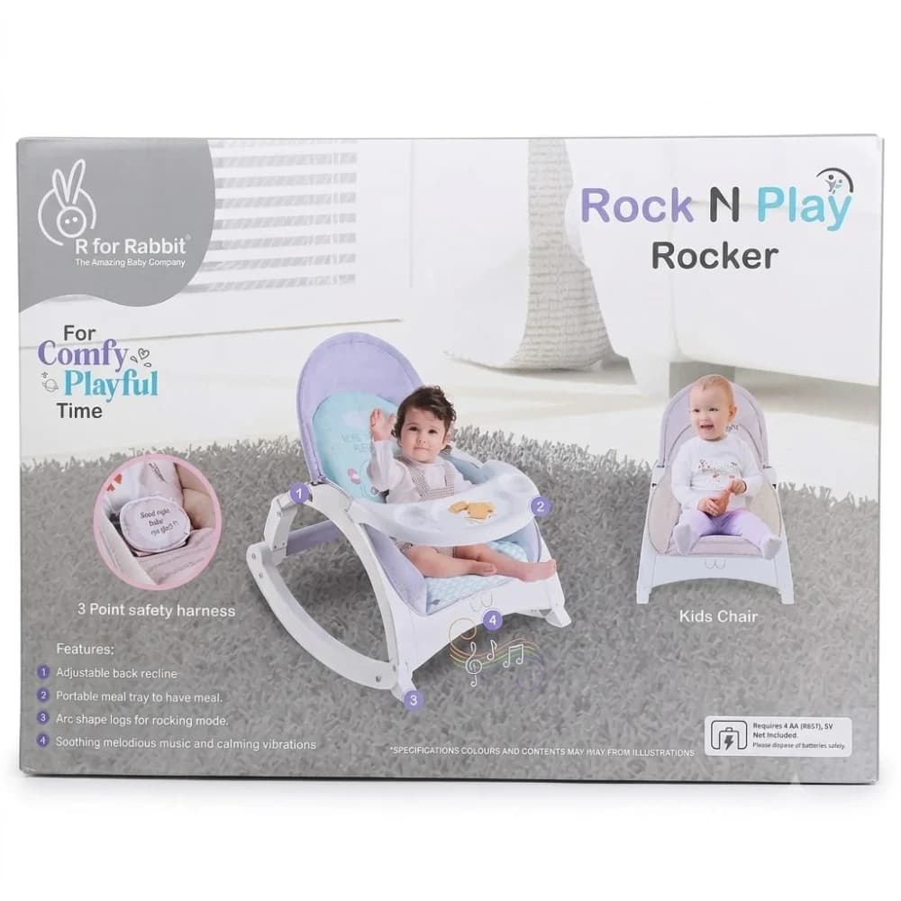 R for Rabbit Rock N Play Rocker retail box showing the rocker, meal tray and kids chair mode