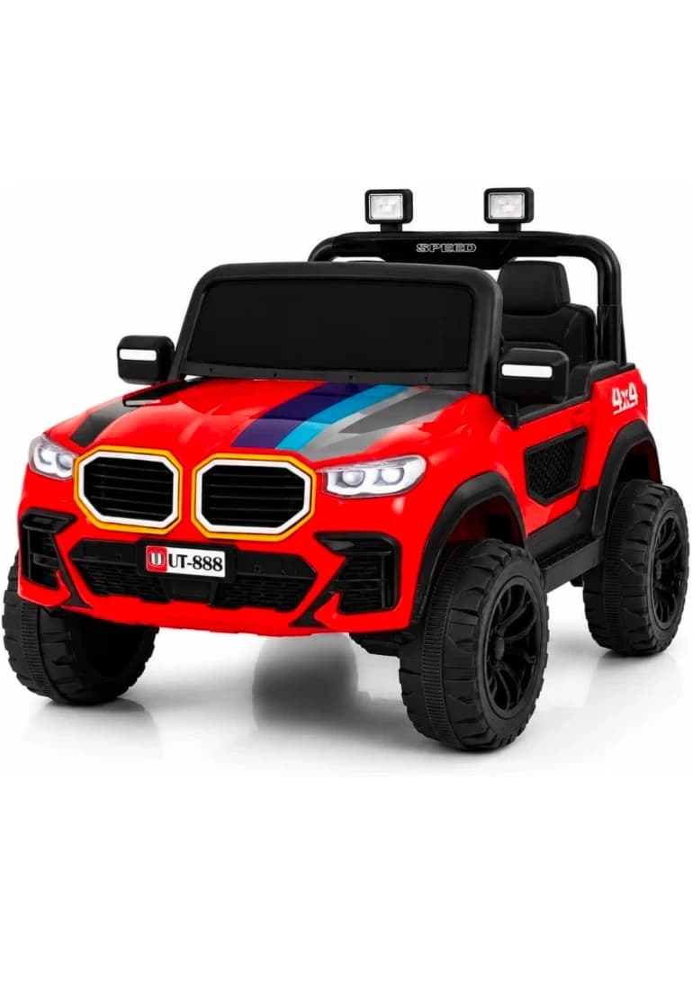 Red 4x4 kids ride-on jeep with rainbow stripes on the bonnet