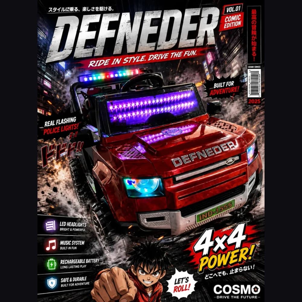 Red Defender-style kids ride-on jeep feature poster