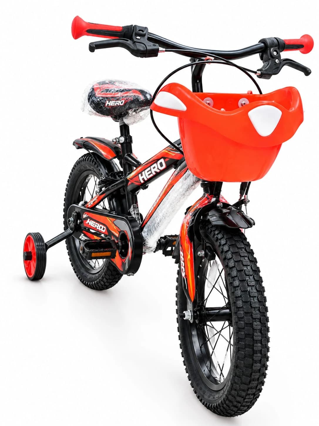 Red and black Hero kids cycle with front basket and training wheels