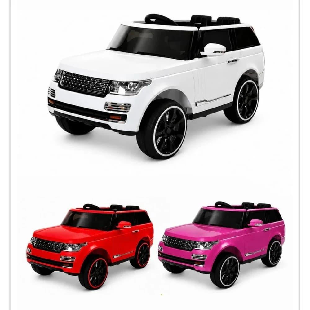 Range Rover-style kids ride-on car shown in white, red and pink