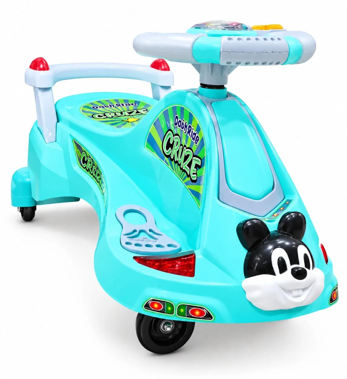 Teal Cruze magic swing car with mouse face, lights and steering wheel