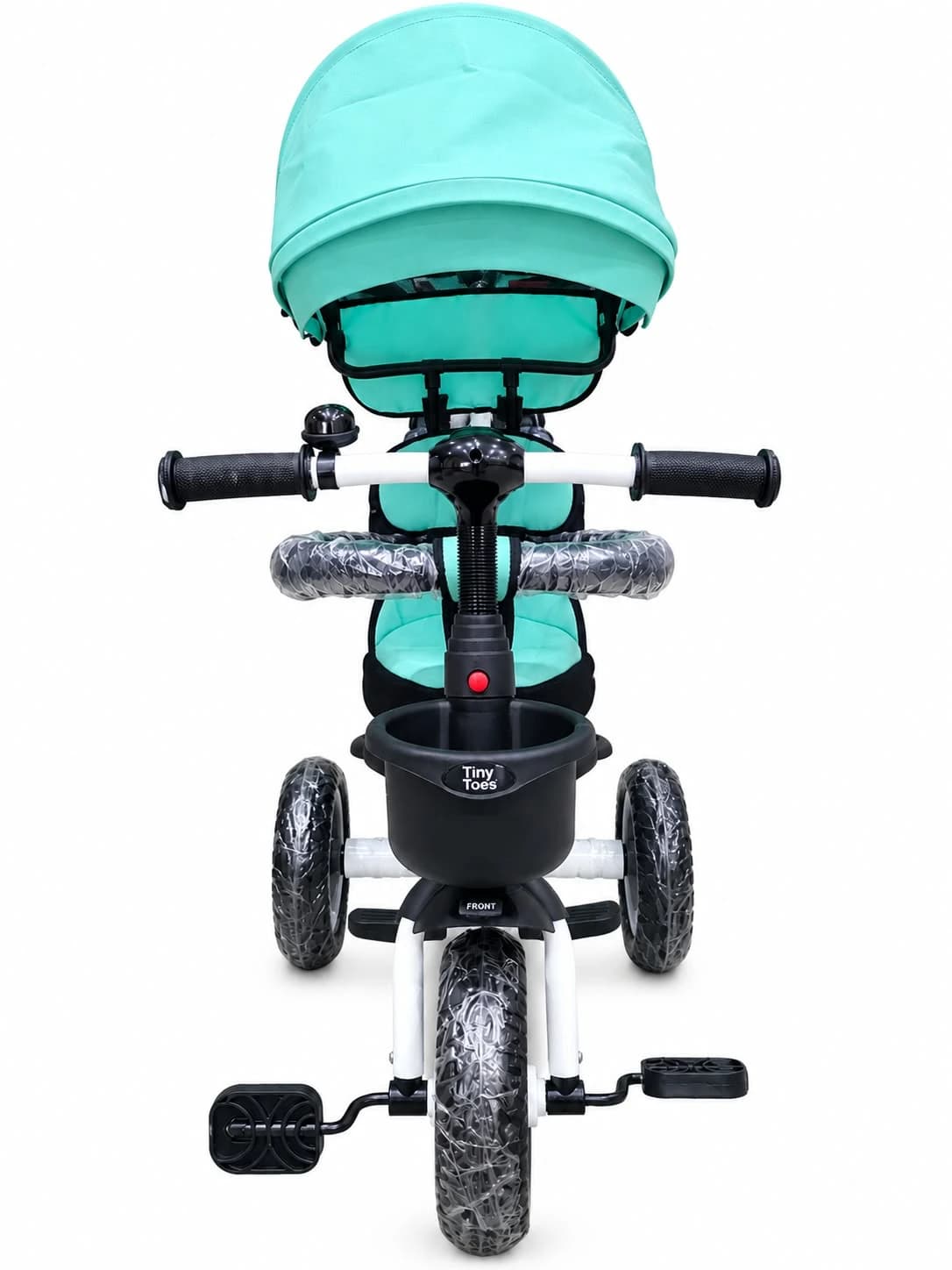 Teal Tiny Toes kids tricycle with canopy, padded seat, safety bar and front basket