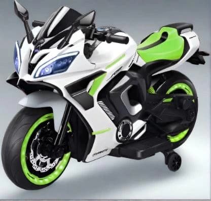White and green kids ride-on sports bike with training wheels