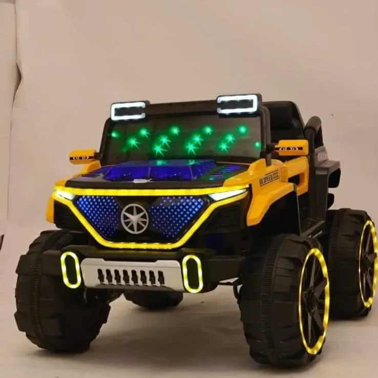 Yellow and black monster kids ride-on Jeep with rugged tyres and LED-style lights